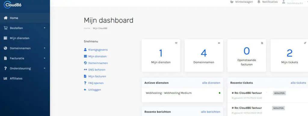 Voorbeeld dashboard Cloud86