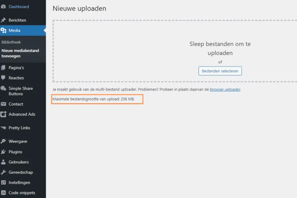 bestandsgrootte wordpress