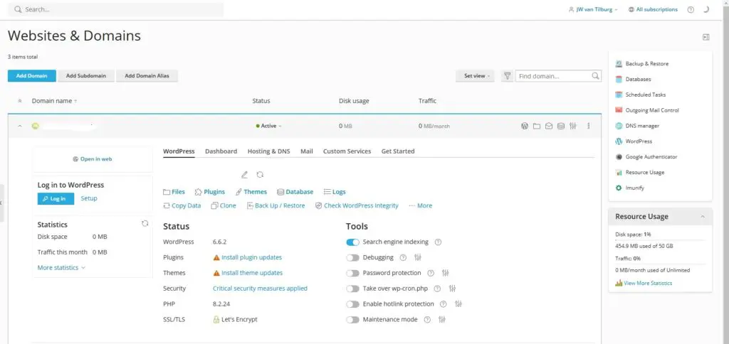 Dit is een screenshot van het Plesk Control Panel met enkele van de mogelijkheden