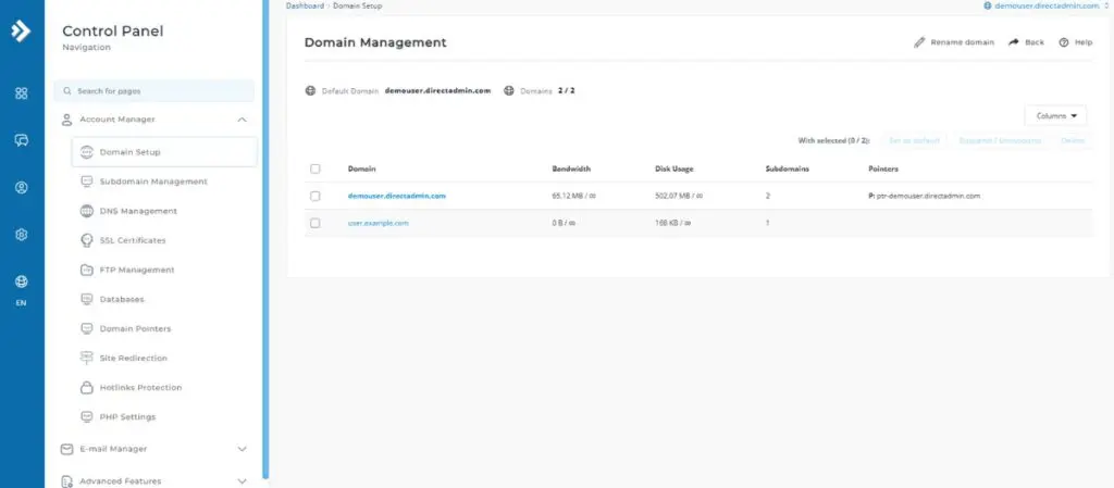 directadmin interface 