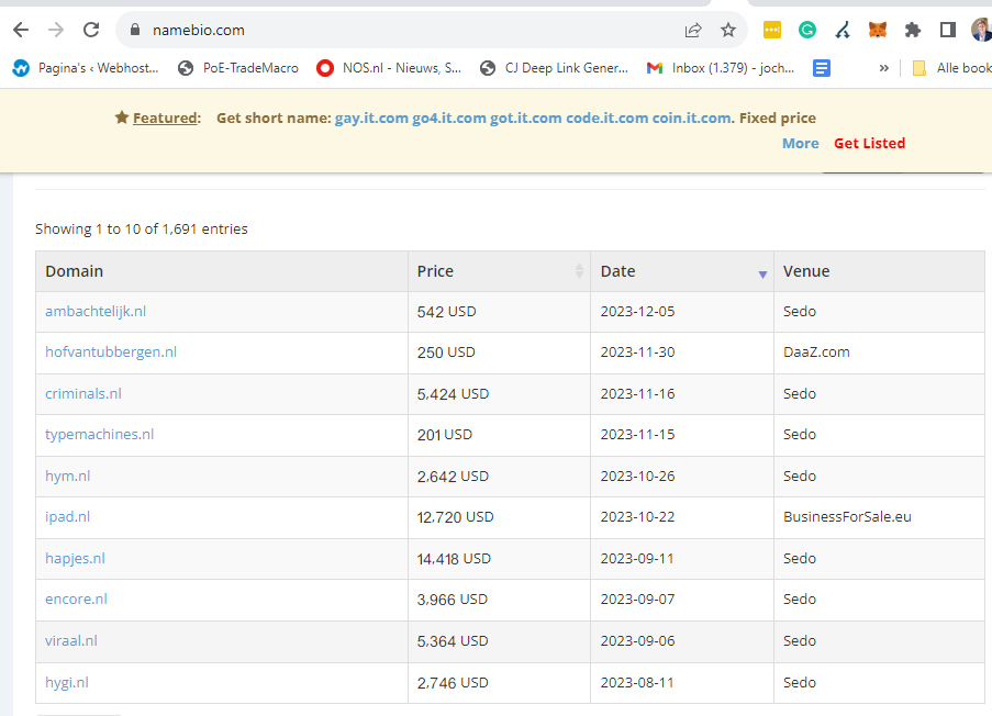 Op Namebio zie je recente domeinnaam verkopen waardoor je beter waardes kan inschatten.