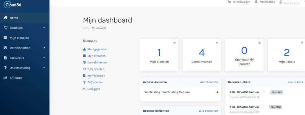 Voorbeeld dashboard Cloud86